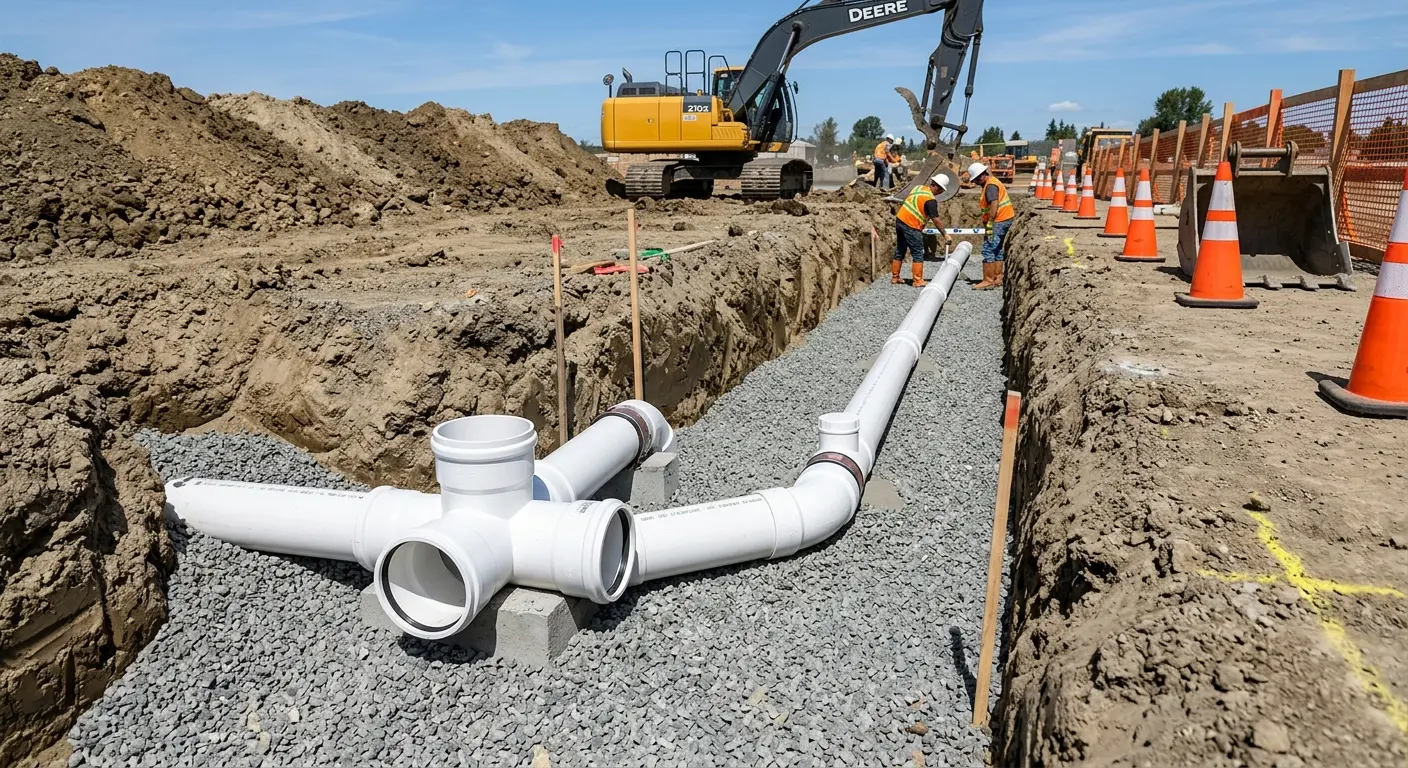 New PVC sewer pipe installation in open trench for Commercial Drain Cleaning in Medina